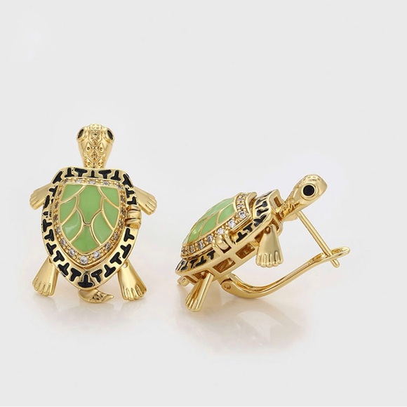 Locket Turtle Earrings 14k Gold Plated CZ Stone - Picture 7 of 11